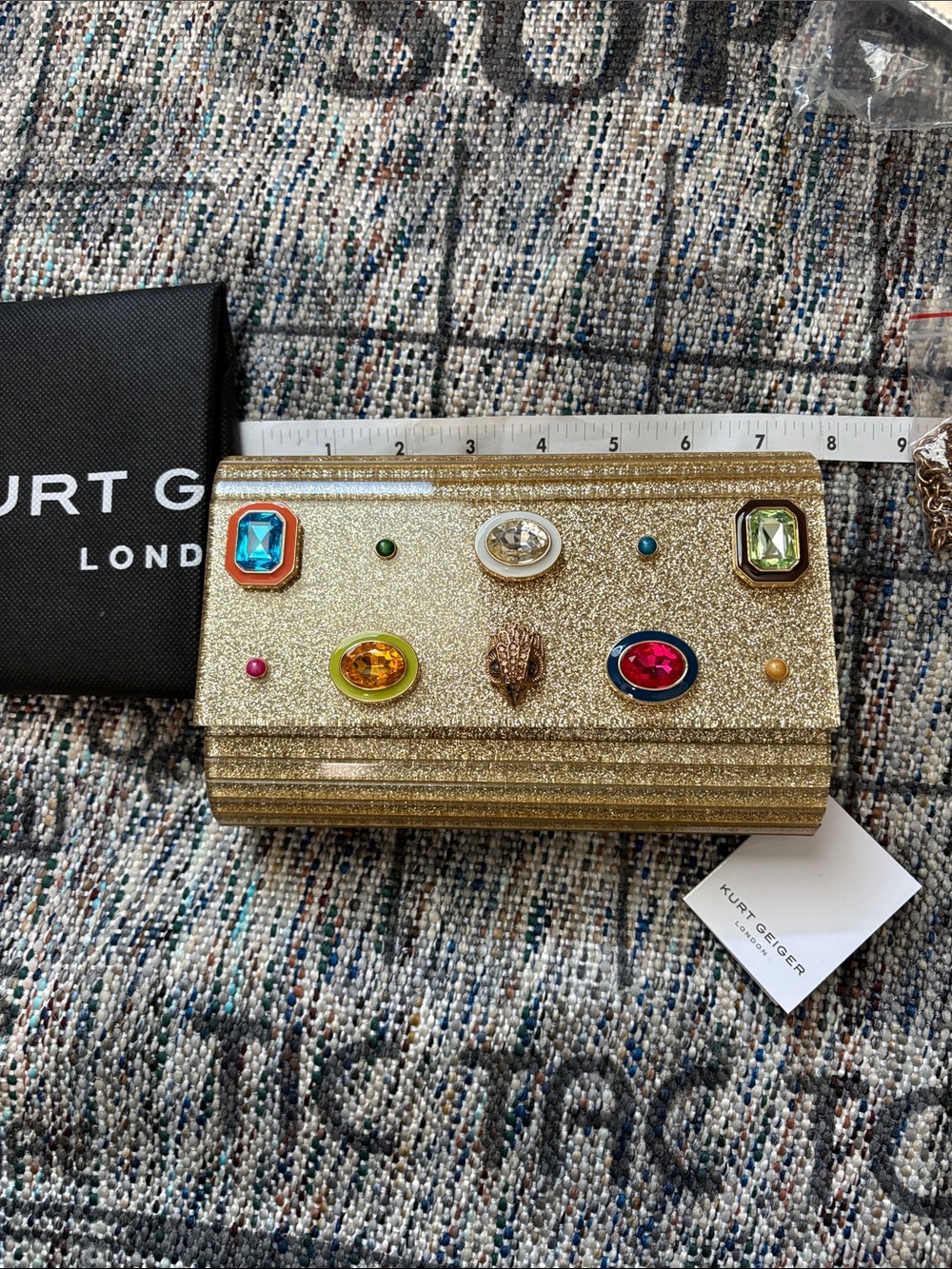 Kurt Geiger Gold Glitter Jeweled Box Clutch